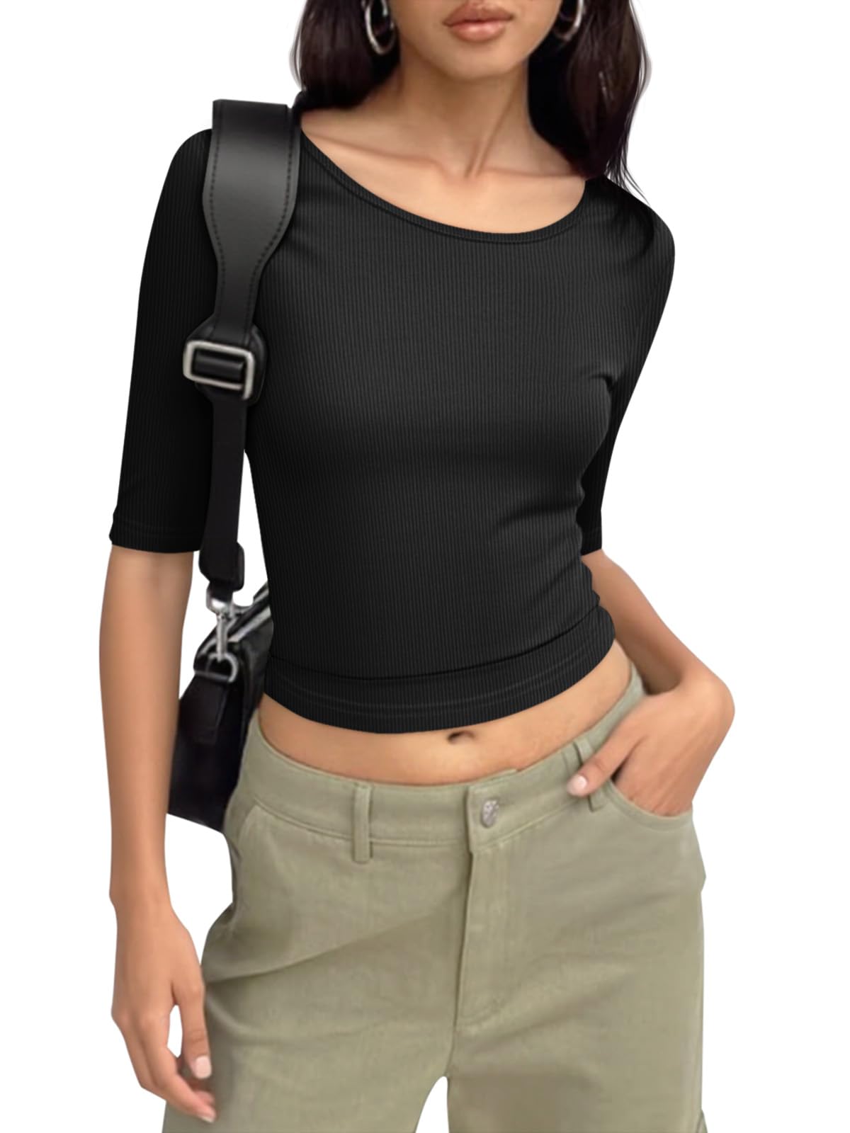 Imily Bela Womens Ribbed Knit Crewneck Crop Tops Basic Slim Fit T Shirts Half Sleeve 2025 Summer Trendy Y2k Tee