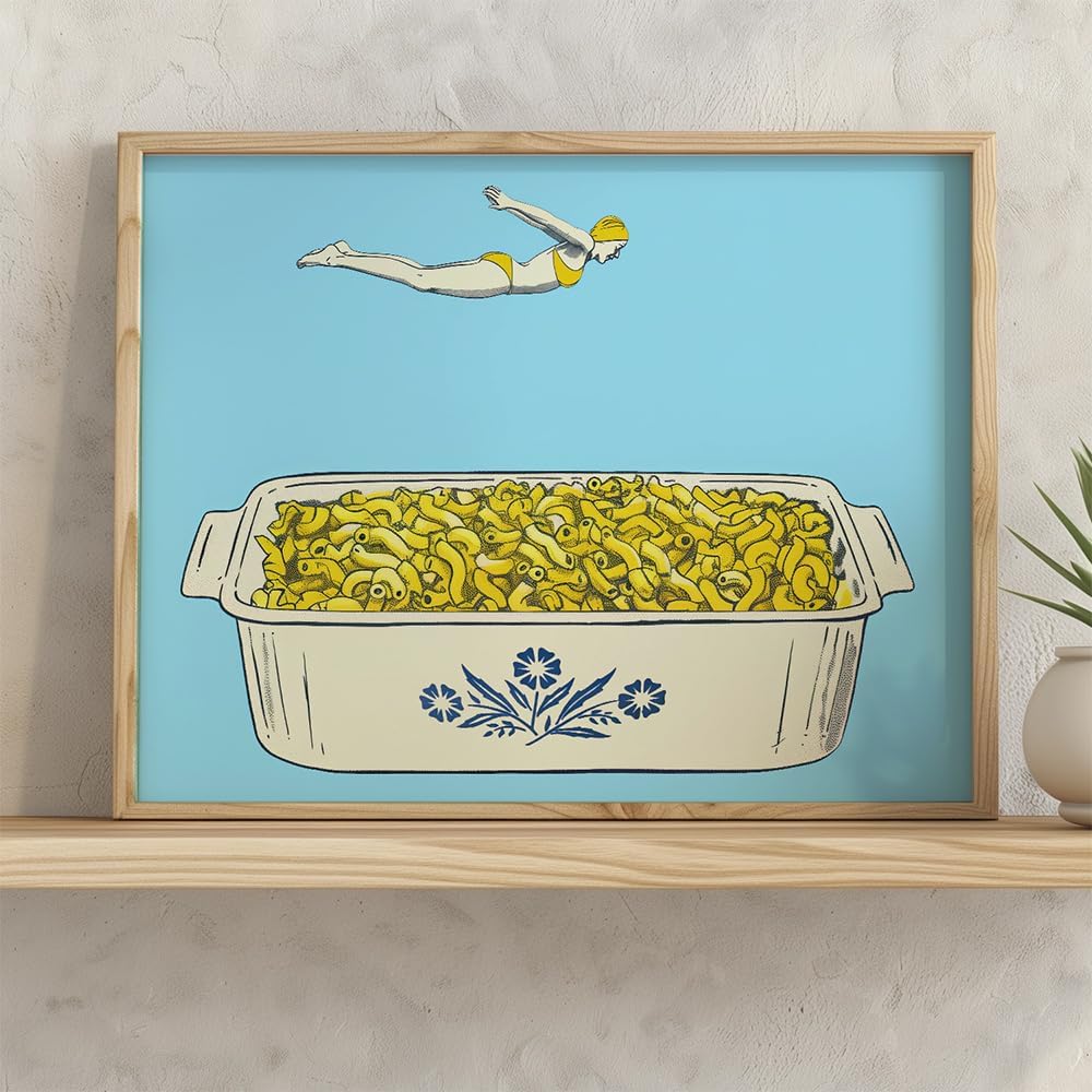 The Macaroni and Cheese Dive : Vintage Illustration of Diver-Girl Leaping into Mac and Cheese - 11x14 Framed Print for Home Kitchen, Dining Room, Restaurant-Funny, Whimsical Pasta Classic Comfort Food