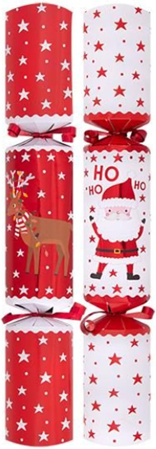 RSW Christmas 10 x 12 Inch Santa & Yelpers Crackers – Family Christmas Crackers with Hat, Motto & Gift – Red & White Festive Table Decorations
