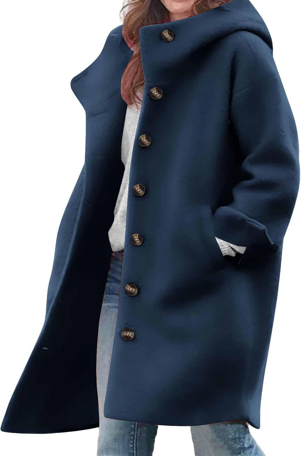 Lmdudan 2024 Winter Hooded Wool Pea Coat for Women Mid Long Loose Single Breasted Overcoat Casual Outerwear with Pockets