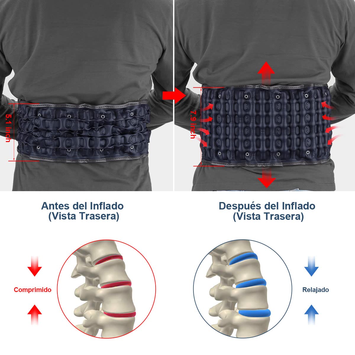 HONGJING Cinturón de espalda de descompresión lumbar soporte para aliviar el dolor de espalda baja, Dispositivo de tracción lumbar, talla única para cintura de 29 a 49 pulgadas | Soporte de espalda inflable con bomba de mano para mujeres y hombres, talla