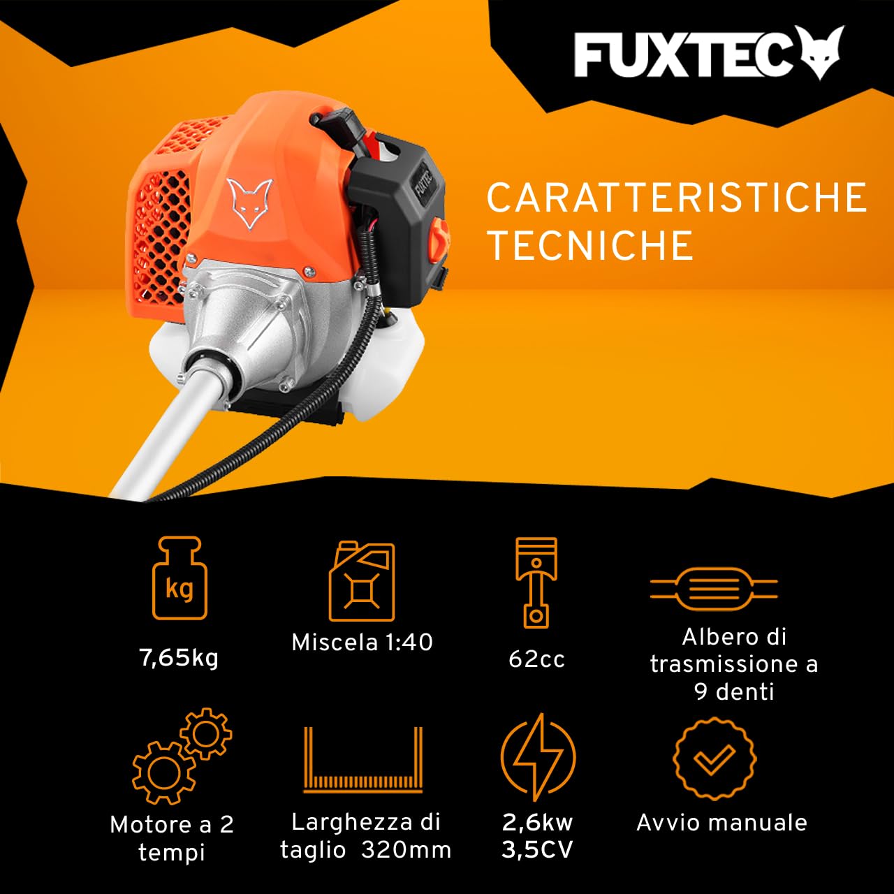 FUXTEC Decespugliatore a scoppio FX-MS162 - Motore 2 tempi 62cc - Testina a filo e lama in metallo - Impugnatura doppia ergonomica - Serbatoio 1L - Sistema antivibrazione - Tracolla inclusa