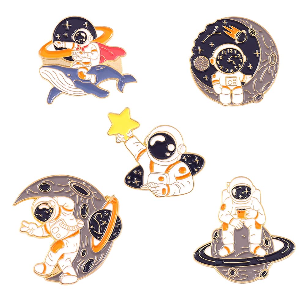 Brooch, 5 Pack Cartoon Astronaut Planetary Adventure Brooch Lapel Pin Set Handmade Enamel Badge Novelty Pins for DIY Clothing Bags Backpack Jackets Hat Accessories Ladies Girls Kids Gifts