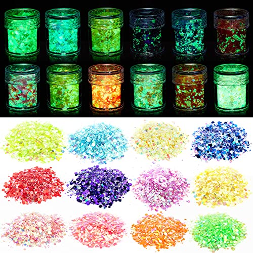 12 Color Glow in The Dark Glitter, Luminous Holographic Chunky Glitter Nail Craft Glitter Powder for Arts Crafts, Resin, Body, Epoxy, Nail Arts and Party Decoration
