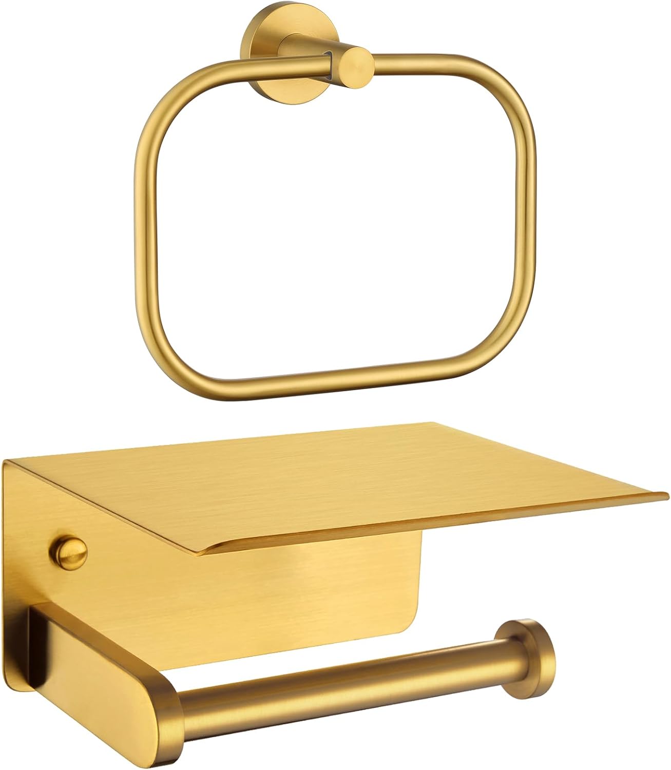 APLusee Brushed Gold 304 Stainless Steel Square Towel Ring, Toilet Paper Holder with Shelf Bundle, Wall Mounted