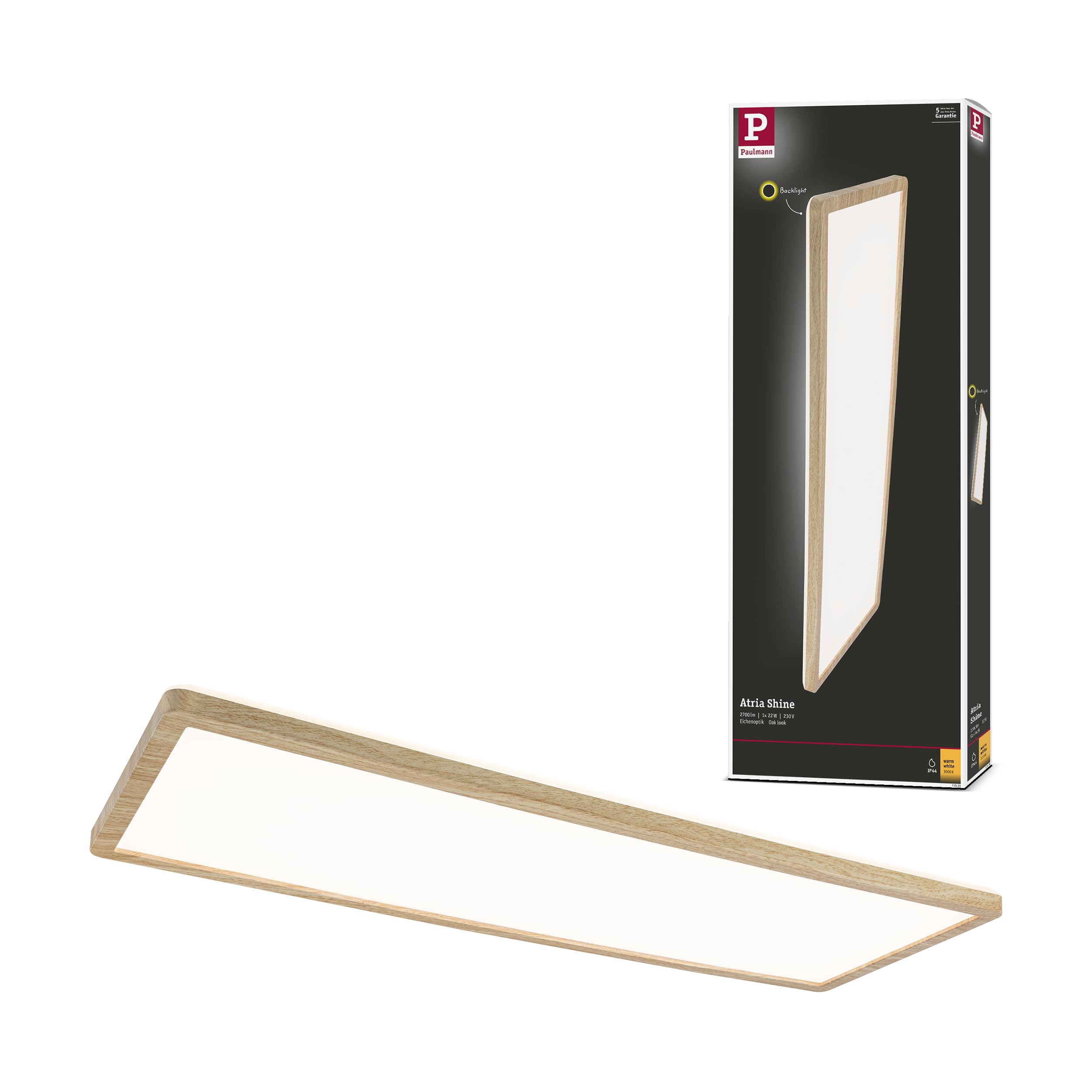 Paulmann 71031 LED Panel Atria Shine Deckenleuchte mit Backlight eckig IP44 22W 2300lm 580x200mm Holzoptik Kunststoff 3000K - Warmweiß Badleuchte