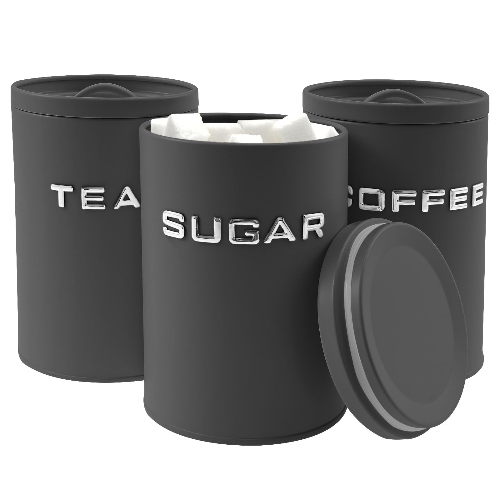 3Pcs Tea Coffee Sugar Canister Set,Round Food Storage Containers,Metal Canister Storage Jar with Airtight Lid and Handle,Multi-Purpose Canisters Sets Decorative Food Caddy for Kitchen Counter(Black)