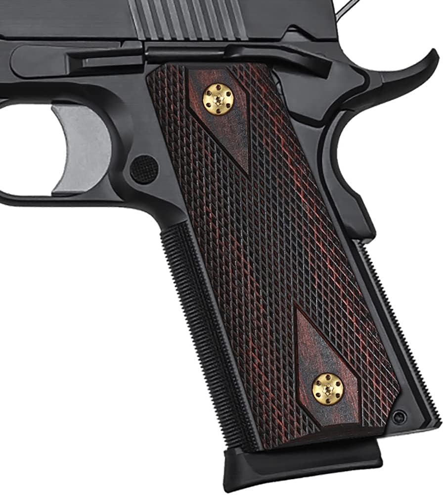1911 Rosewood Slim Grips, Gold Screws Included, Full Size(Government/Commander), Checker Diamond Cut, Ambi Safety Cut, These Grips Only Work with Short Bushings