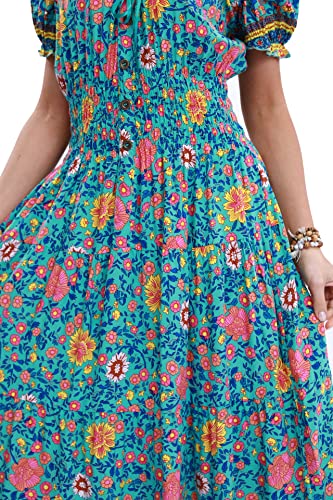 Image of OSTOO Women's Floral Maxi Dress Boho Summer Short Sleeve Smocked Waist Tiered Long Dress