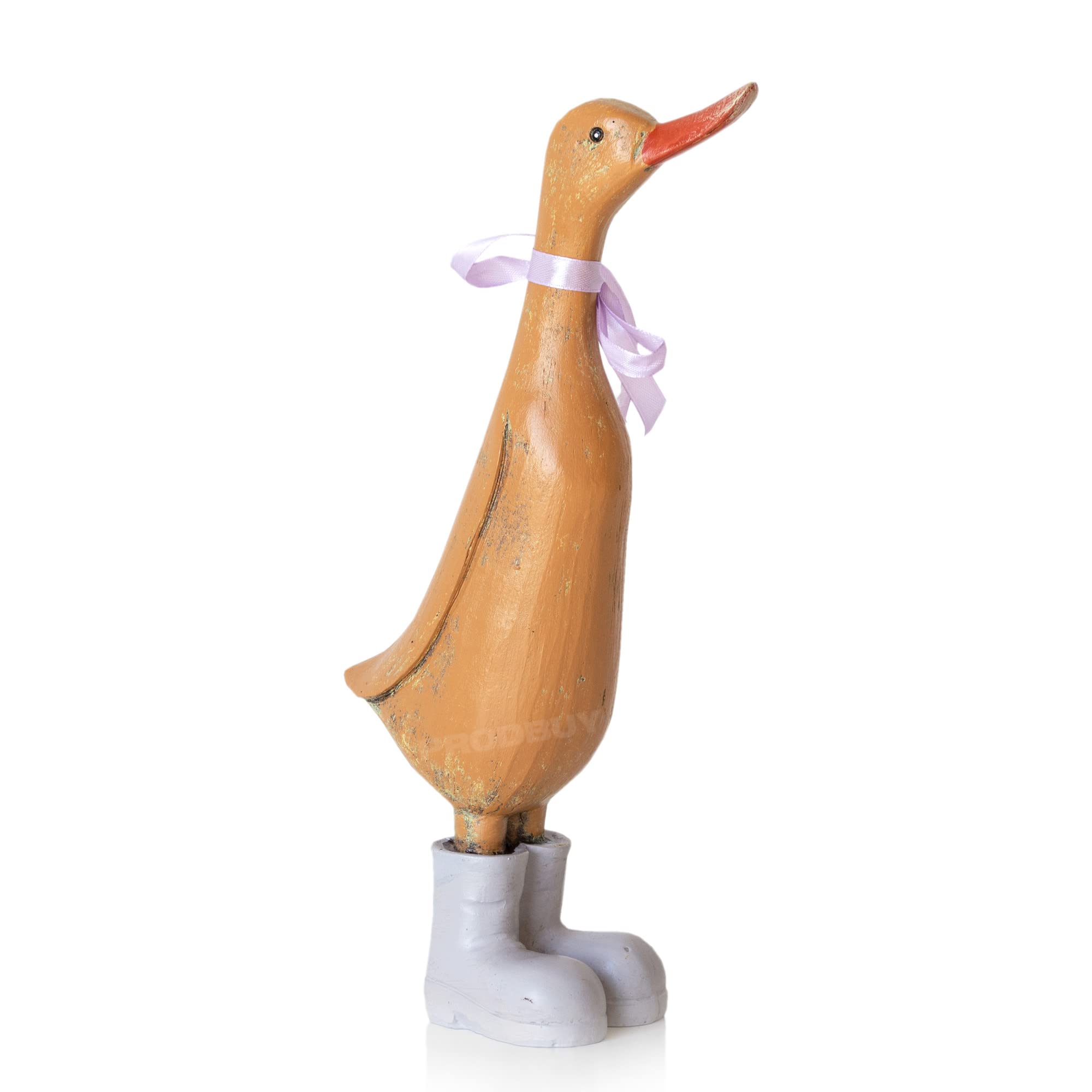 Prodbuy Brown 29.5Cm Resin Duck Ornament With Lilac Ribbon And Wellington Boots