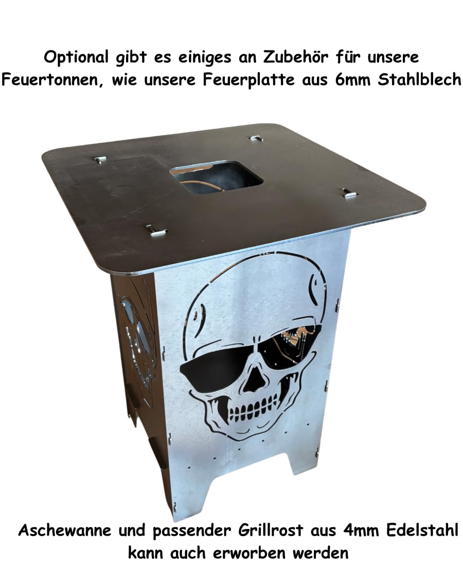 Lehnert Feuertonne Totenkopf Sonnenbrille Cap 74 cm aus 3 mm Stahlblech Feuerkorb Feuerschale Feuerstelle mit 2 Totenkopf Motiven, große Massive und Feuerfeste Feuerstelle für Garten und Terrasse