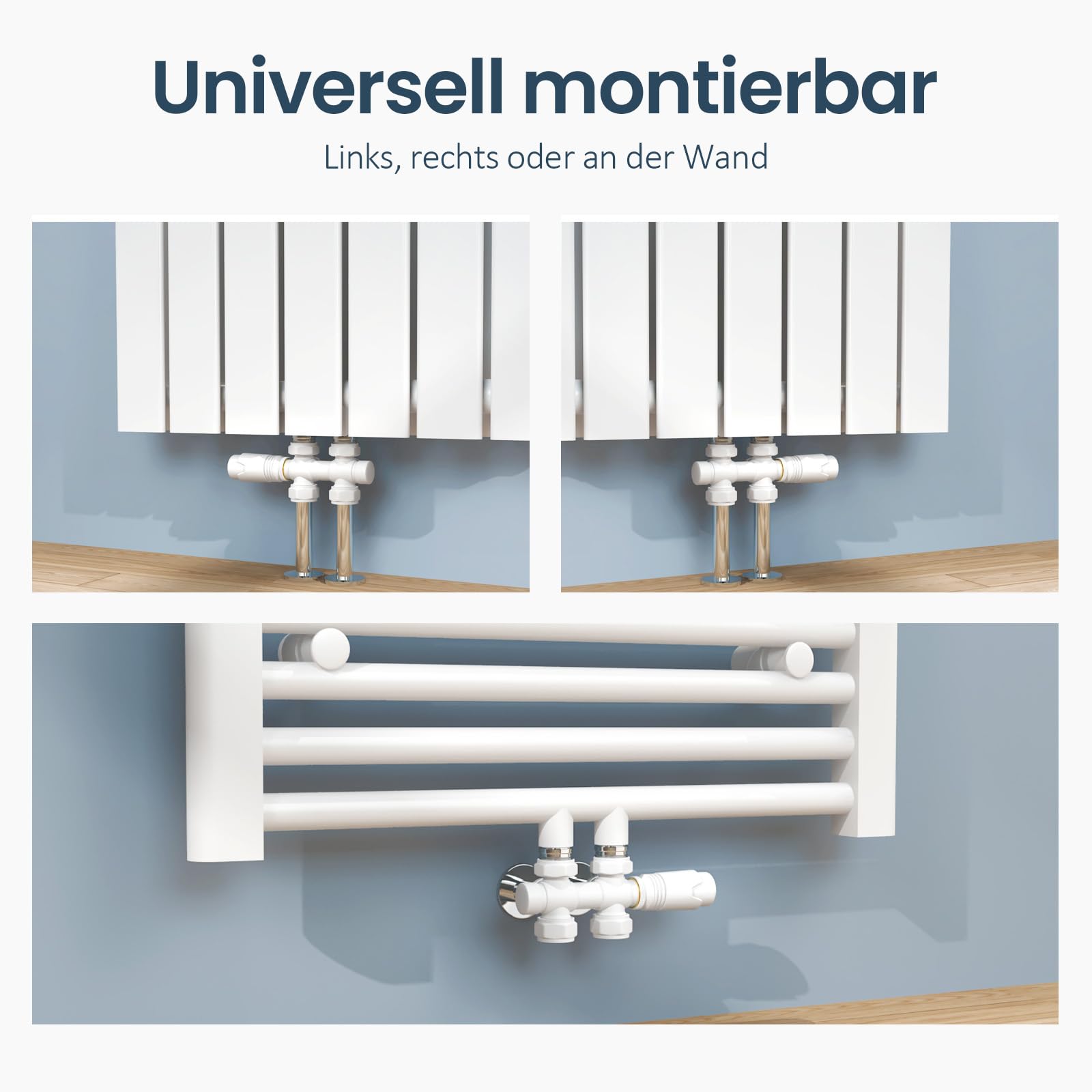 EMKE Multiblock Set für Heizkörper mit Thermostat, Hahnblock Eck und Durchgangsform Ventilhahnblock Mittelanschluss Heizkörperventil mit 50 mm Nabenabstand (φ15mm+16mm Weiß)