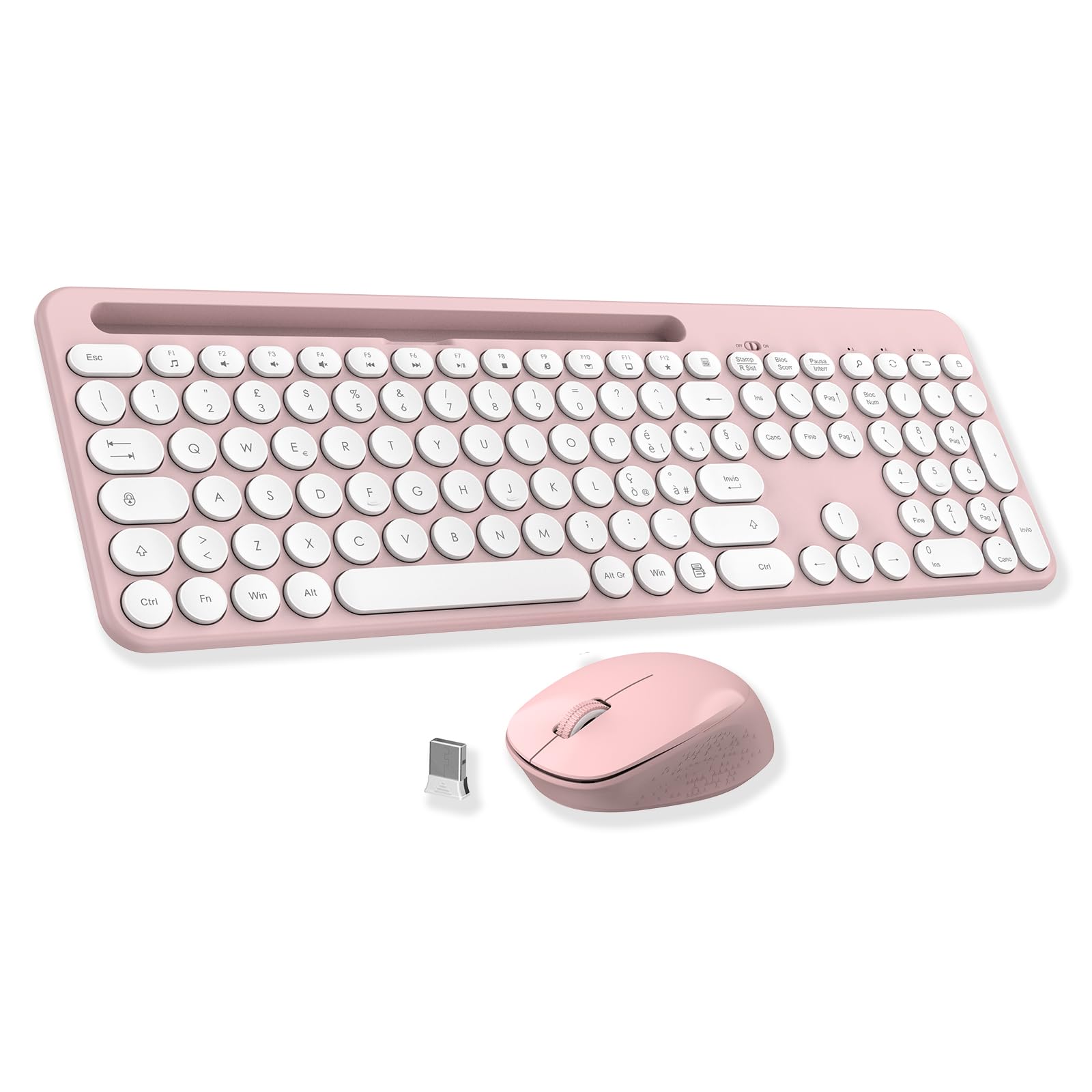 LeadsaiL Wireless Keyboard and Mouse Set, Italian QWERTY 2.4 GHz Full-Size Wireless Keyboard and Mouse with Stand for Phone and Tablet, Ergonomic Numeric Keypad for Computer, PC, Laptop-Pink