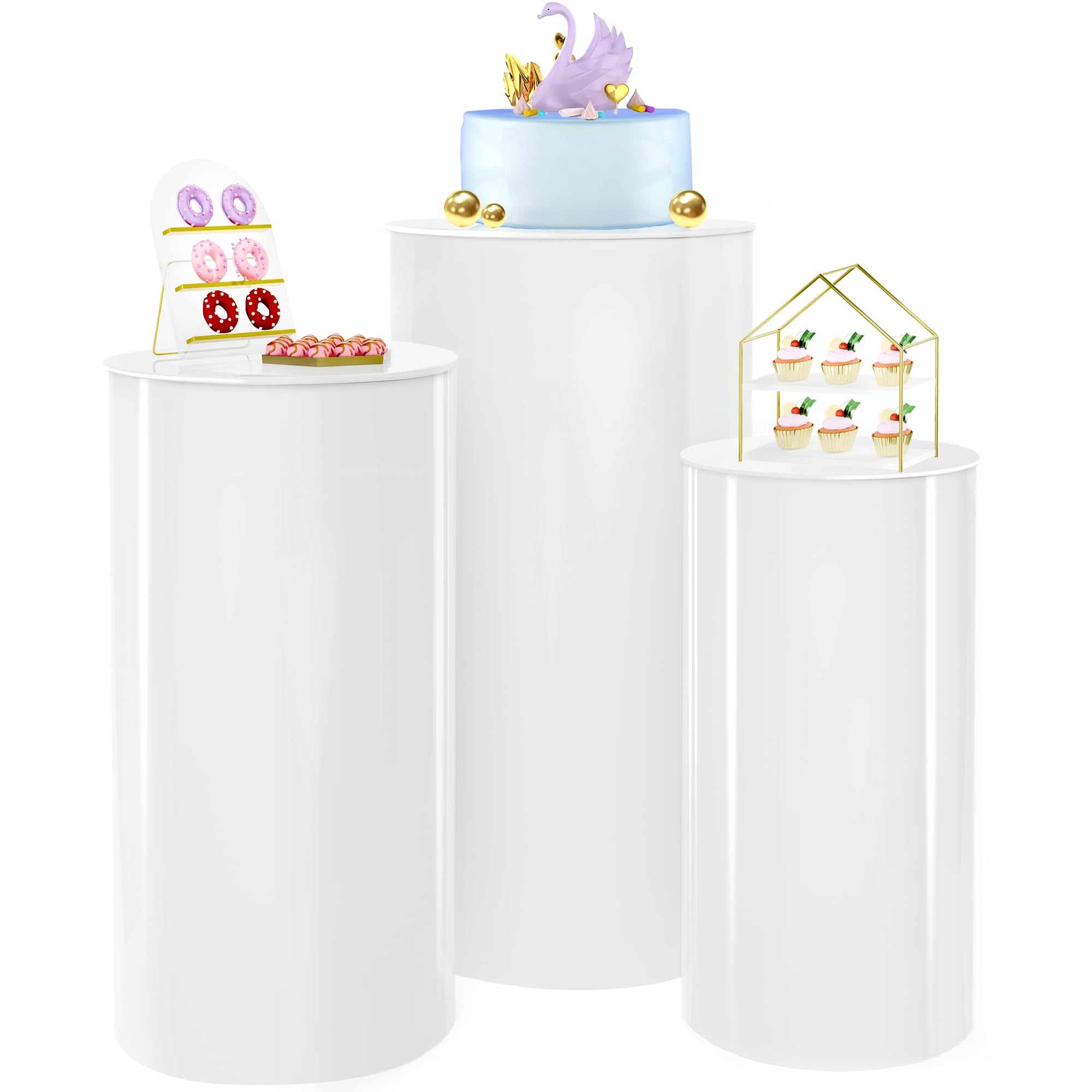 Exhibidor de pedestales cilíndricos redondos, pilares de zócalos blancos, soporte de adorno para tartas de boda y flores, soporte de exhibición de pedestal cilíndrico (3 piezas)