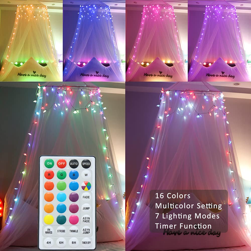 Pooqla Valentines Pink Bed Canopy with Lights, Bed Curtain Canopy for Girls with 100LED Color