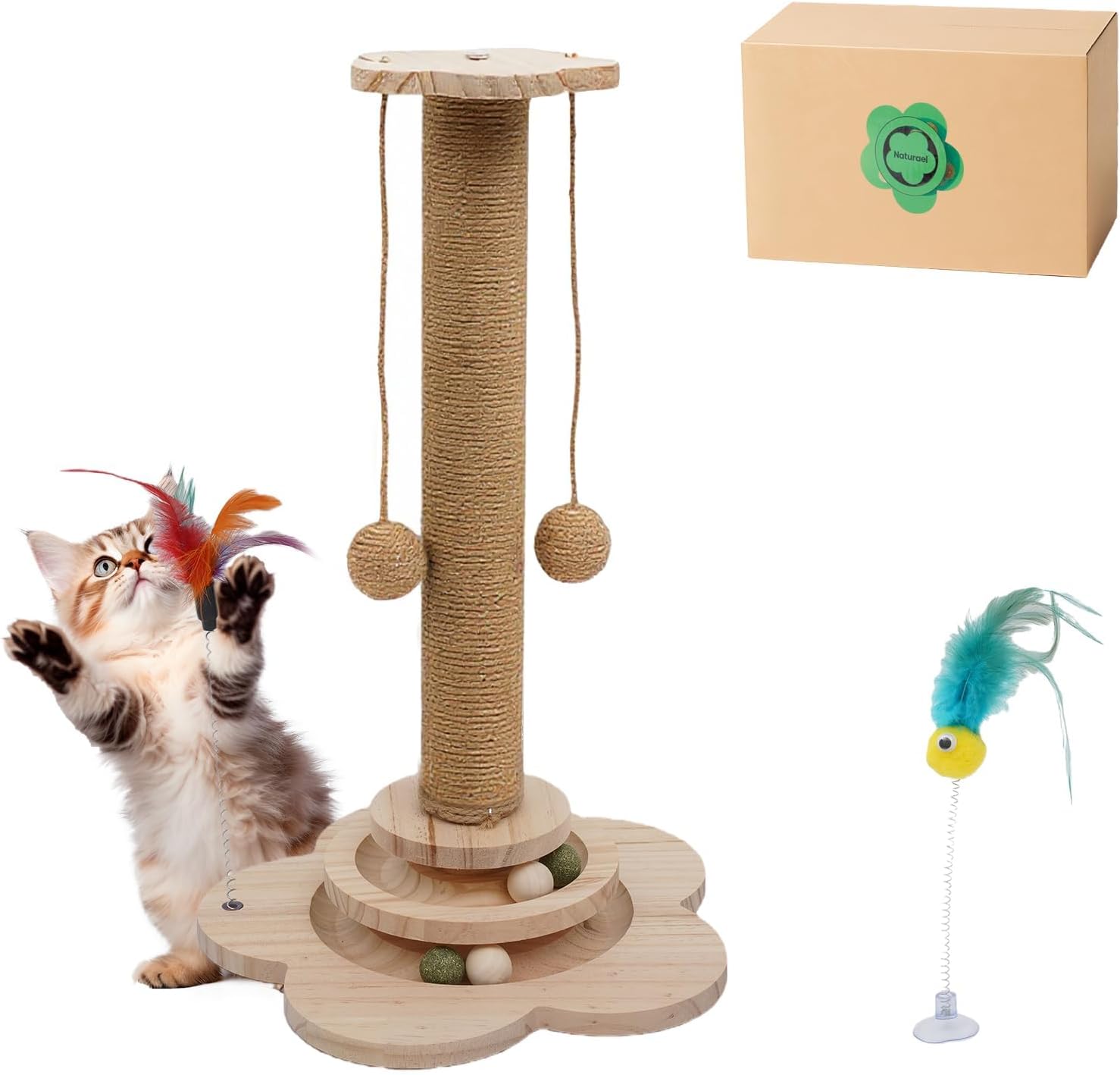 4-in-1 Wooden Cat Scratcher Toy,Cat Scratching Post&2-Level Track Tower With 8 B…