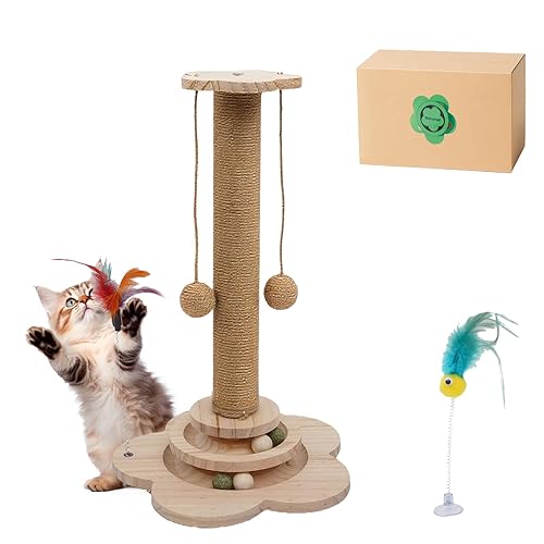 4-in-1 Wooden Cat Scratcher Toy,Cat Scratching Post&2-Level Track Tower With