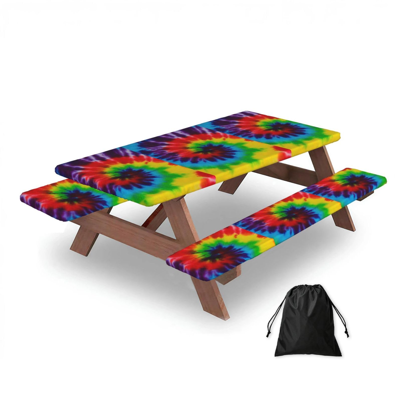 Dopklna As Picture Tie Dye Colorful Rainbow, Picnic Table Cover With Bench Covers -Waterproof Elastic Fitted Tablecloth For Garden Camping Patio 76X152cm