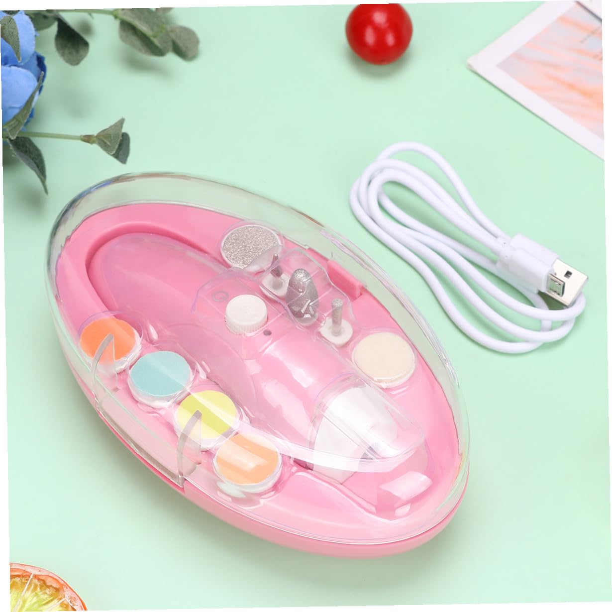 ERINGOGO 1juego Kit De Cuidado De Uñas Para Bebés De Cortauñas Eléctrico Cabezas Intercambiables y Luz Nocturna Para Recién Nacidos y Mamás Color Rosa