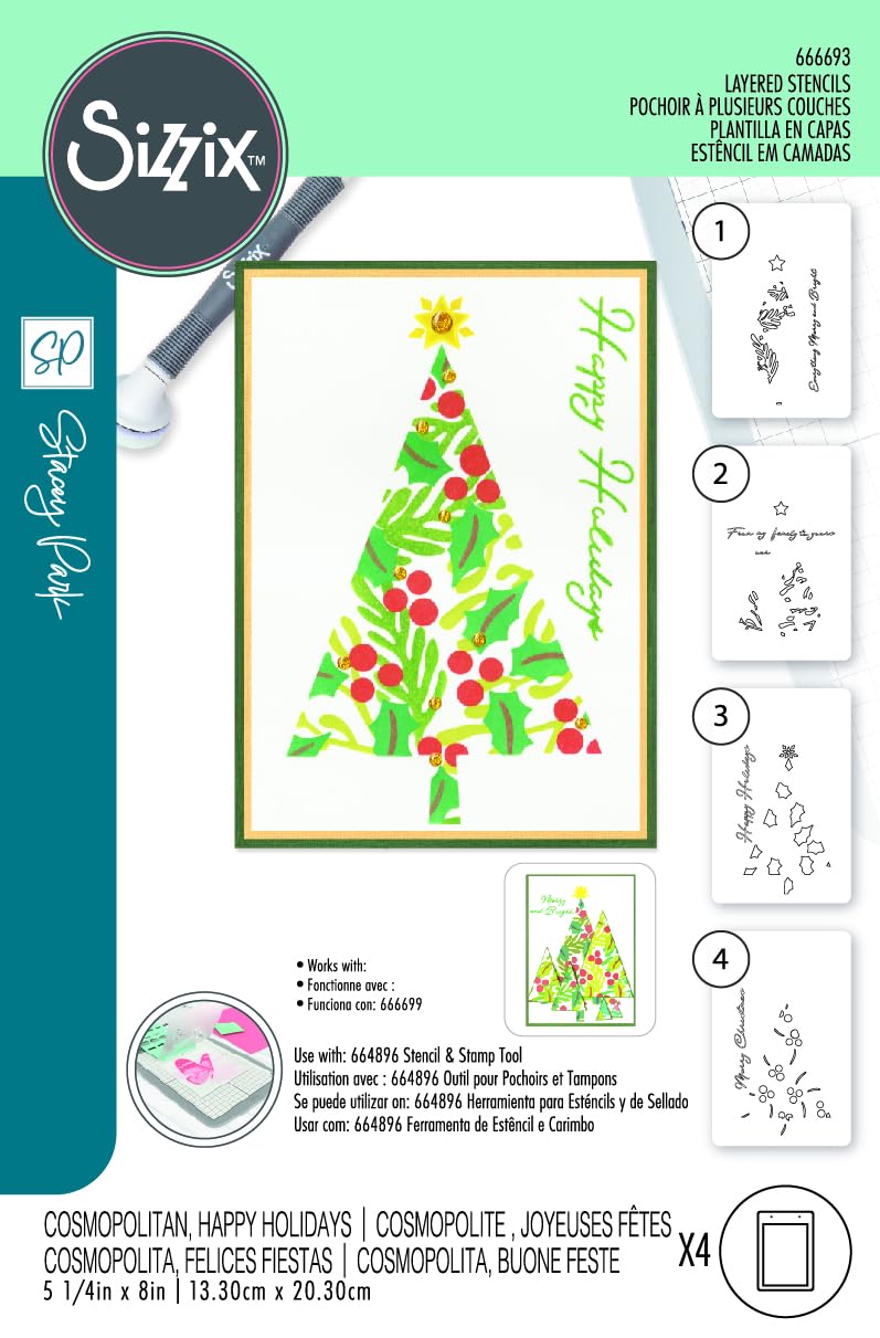 Sizzix A6 Layered Stencils Cosmopolitan Christmas, Happy Holidays by Stacey Park, Multicolor - Image 3