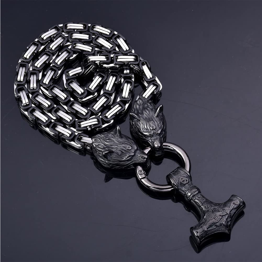 SBRTL Collana Uomo Martello Di Thor Mjölnir - Acciaio Inossidabile Con Teste Di Lupo, Catena Bizantina Oro 60cm