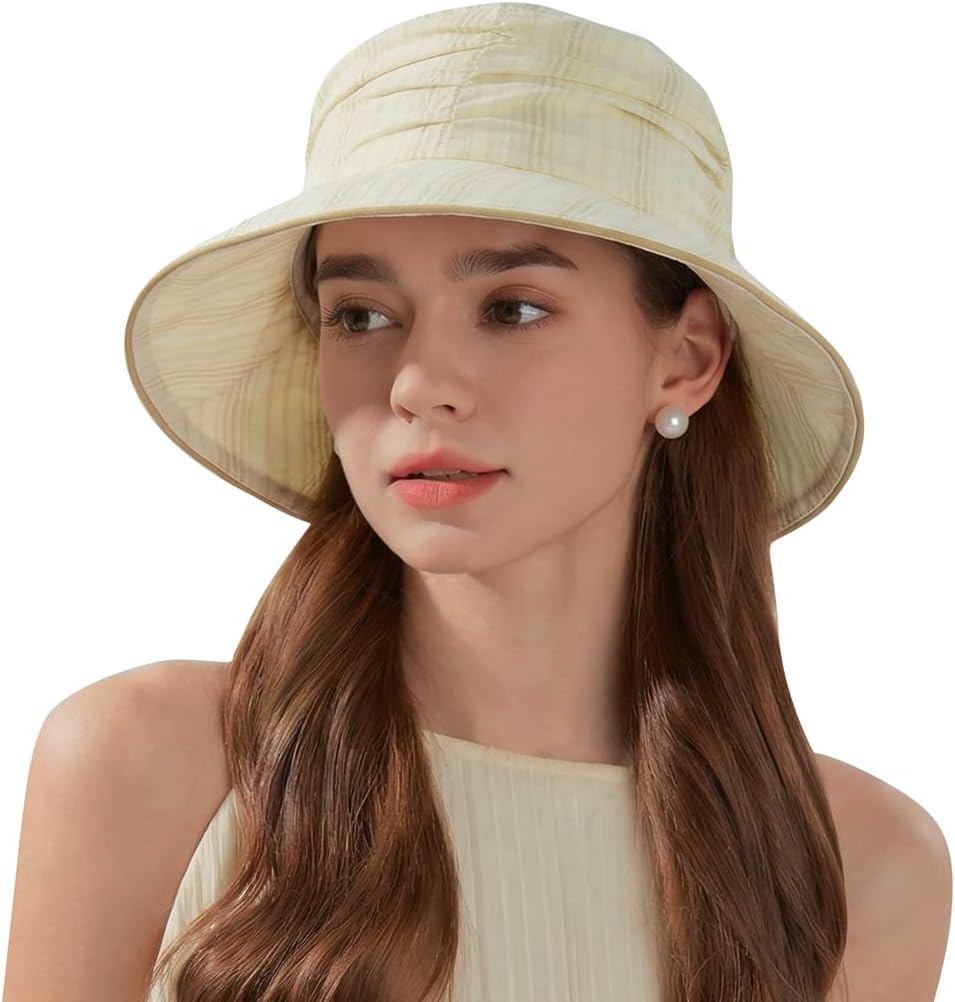Stylish Ruched Striped Lined Bucket Hats Vintage Summer Sun Hat Chin Strap Women