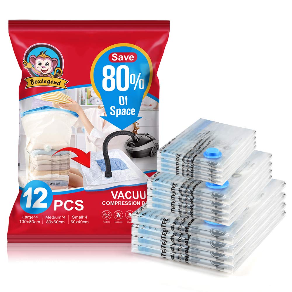 BoxLegendVacuum Storage Bag 12 Pieces 4 Large 100x80cm + 4 Medium 80x60cm + 4 Small 60x40cm Storage Bags Travel Vacuum Reusable Clothes Bag for Clothes Comforters Bedding Pillows