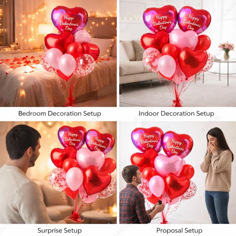 Image of AMFIN (Pack of 14) Happy Valentine's Day Balloon Decoration Set | Romantic Heart Foil Bouquet Metallic Helium Bunch Proposal Anniversary Celebration Party Decor - Red Purple
