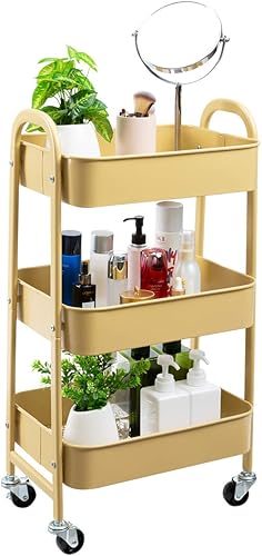 Miniatura 8 de AGTEK Carrito de maquillaje, carrito organizador movible con ruedas, carrito de metal de 3 niveles amarillo caqui
