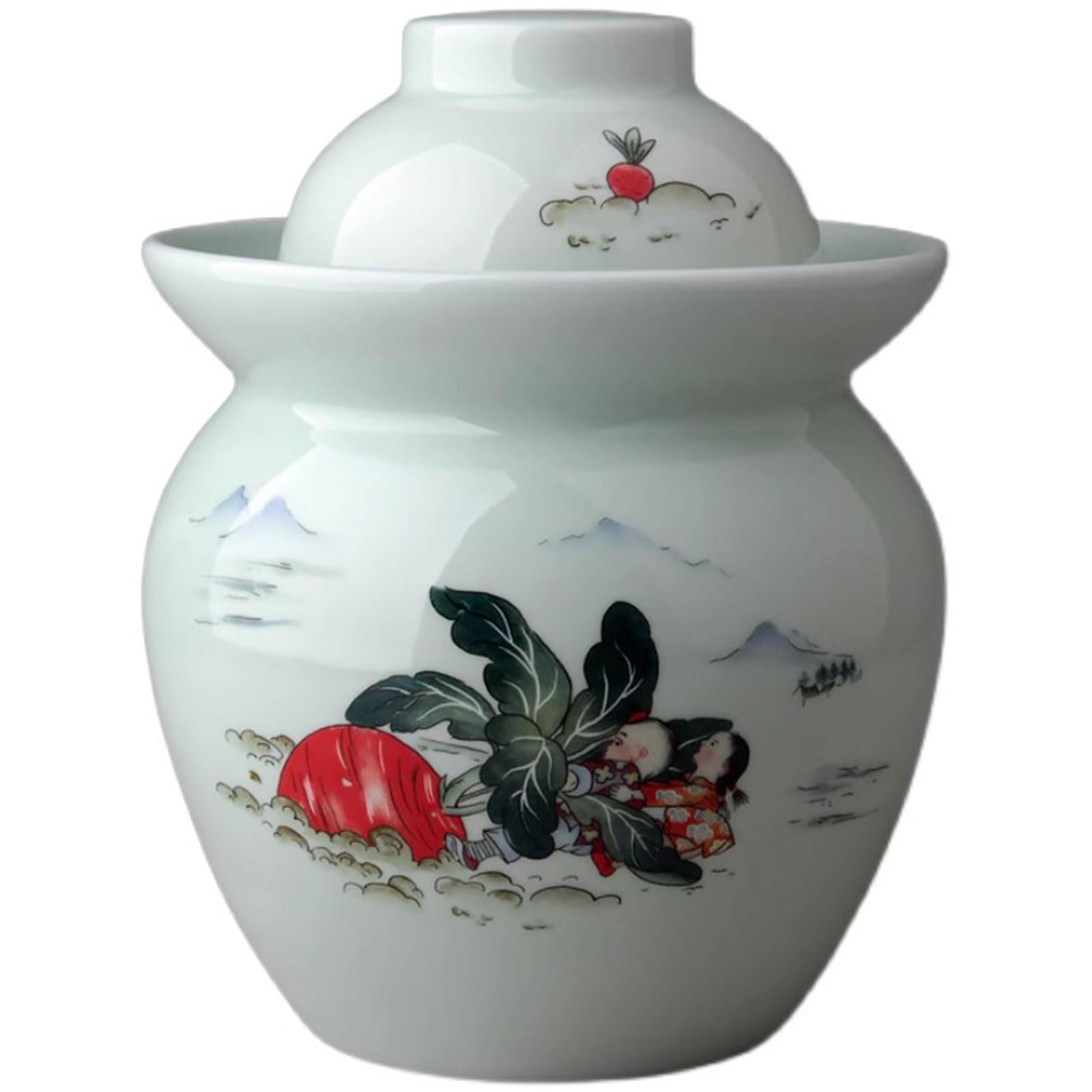 DECORN Hand-Painted Traditional Chinese Porcelain Pickle Jar, Ceramic Fermentation Crock Pickling Pot, Fermenting Jar with Water Seal Airlock Lid, Stoneware Fermenter for Kimchi Saue,A,1.5kg