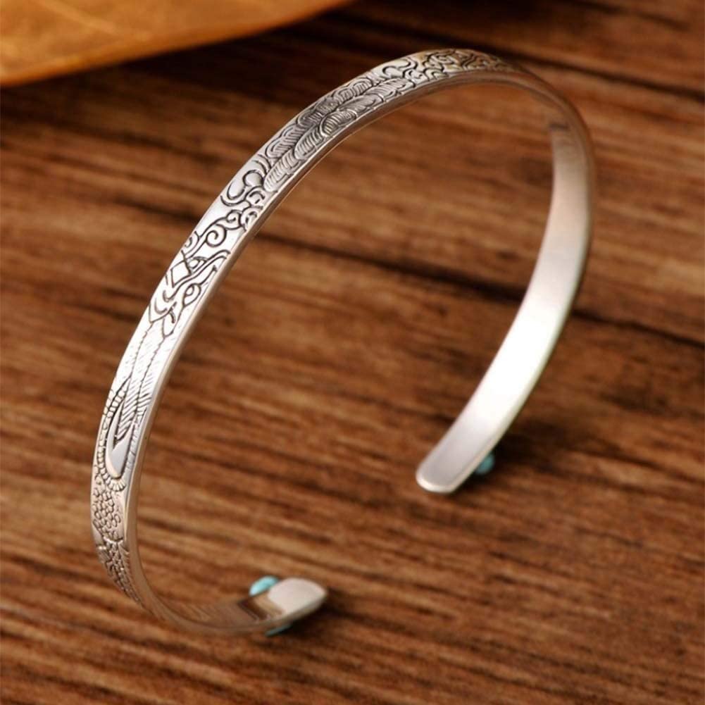 Bracciale Personalizzato, Gioielli da Donna in Stile retrò Cinese in Argento Sterling 925 con Incisione a Fiori Bracciale a Polsino Aperto
