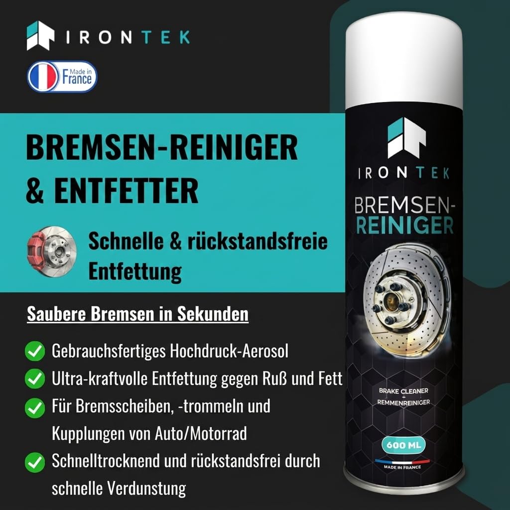 Bremsenreiniger Spray - IRONTEK - 12 x 600 ml | IT294 | Kraftvoller Strahl | Schnell trocknend | Entfernt Fett und Ruß