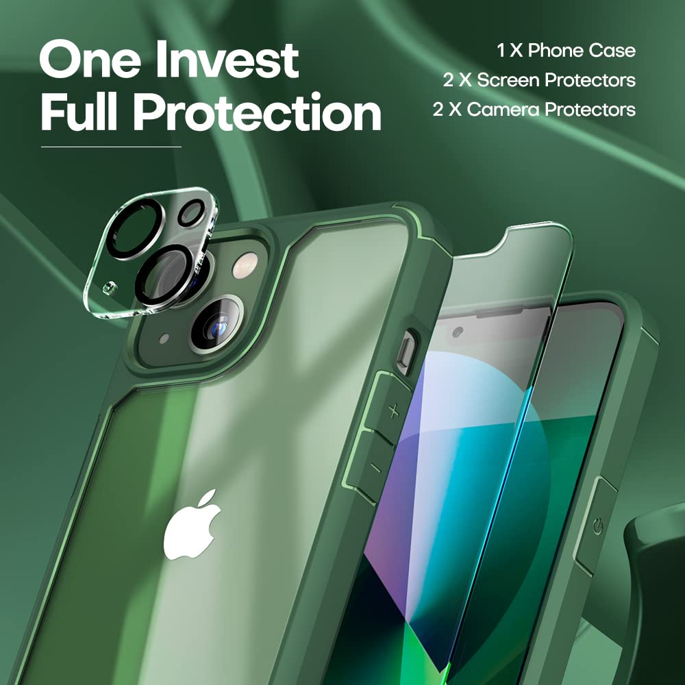TAURI 5 in 1 Compatibile con Cover per iPhone 13, con 2 Pellicole in Vetro Temperato + 2 Pellicole per Fotocamera [Protezione Militare] Custodia Anti-shock e Anti-ingiallimento - Verde