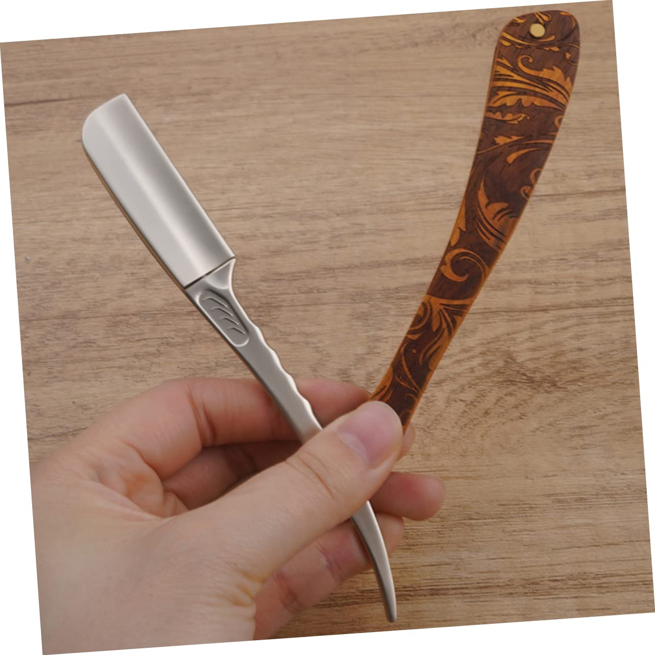 Didiseaon Rasoio Pieghevole in Acciaio Inossidabile con Manico in Legno Vintage per Uso Domestico e Commerciale, Sicurezza Anti-taglio per Barba e Viso