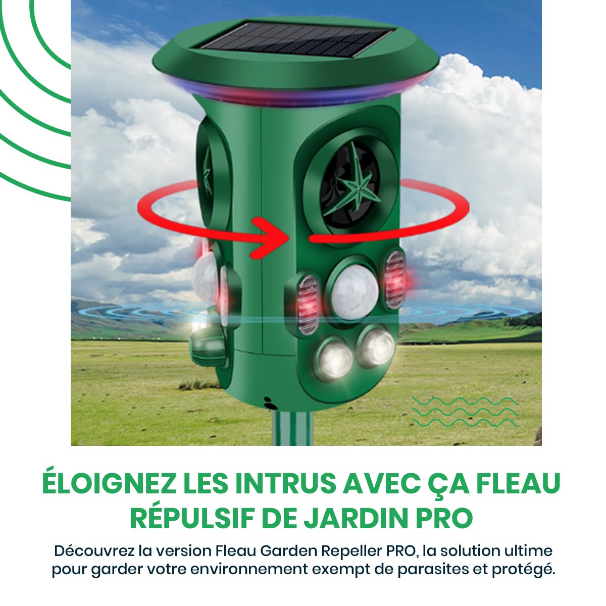 Fleau Garden Cat Repeller Pro - Répulsif Animaux - Ultrasons - Énergie Solaire - martres - Répulsif Pigeons - nuisibles - Étanche (Vert - Protection 360°)