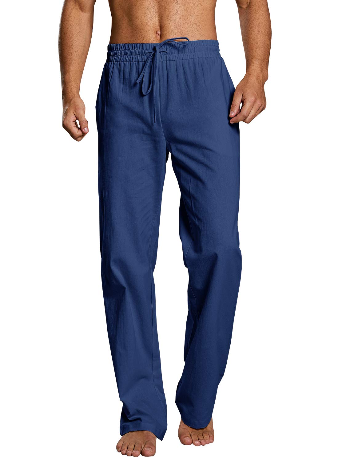 PASLTER Mens Casual Linen Pants Loose Fit Elastic Drawstring Waist Straight-Legs Summer Yoga Beach Long Pants