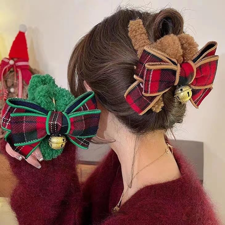 Miniatura 6 de Campana grande de Navidad para el cabello, horquillas para el cabello, pinzas para el cabello a cuadros para mujer, pinzas para el cabello,