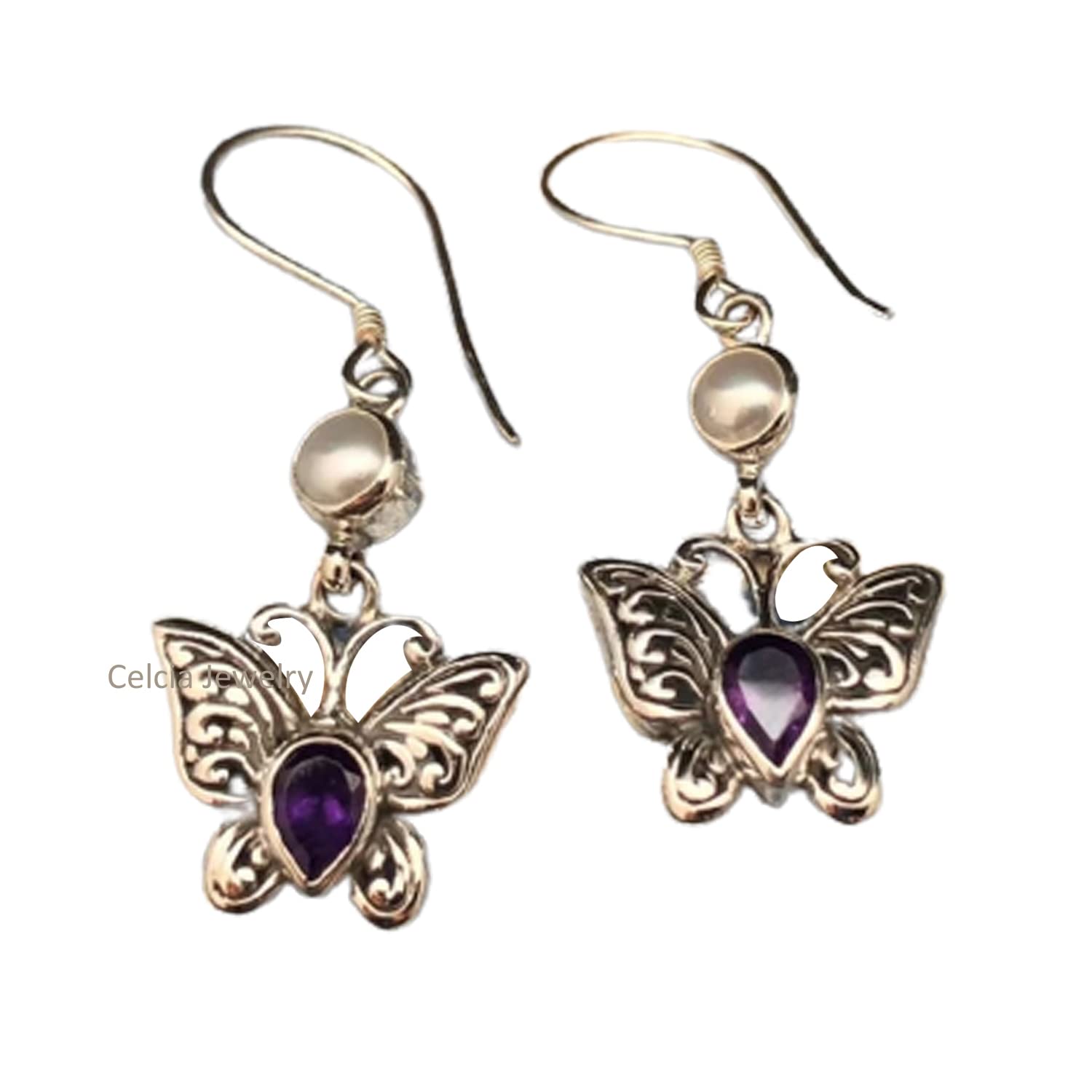 Orecchini pendenti a goccia con farfalla in argento sterling puro 925 per donna, orecchini con pietra preziosa genuina di ametista e perle artigianali unici