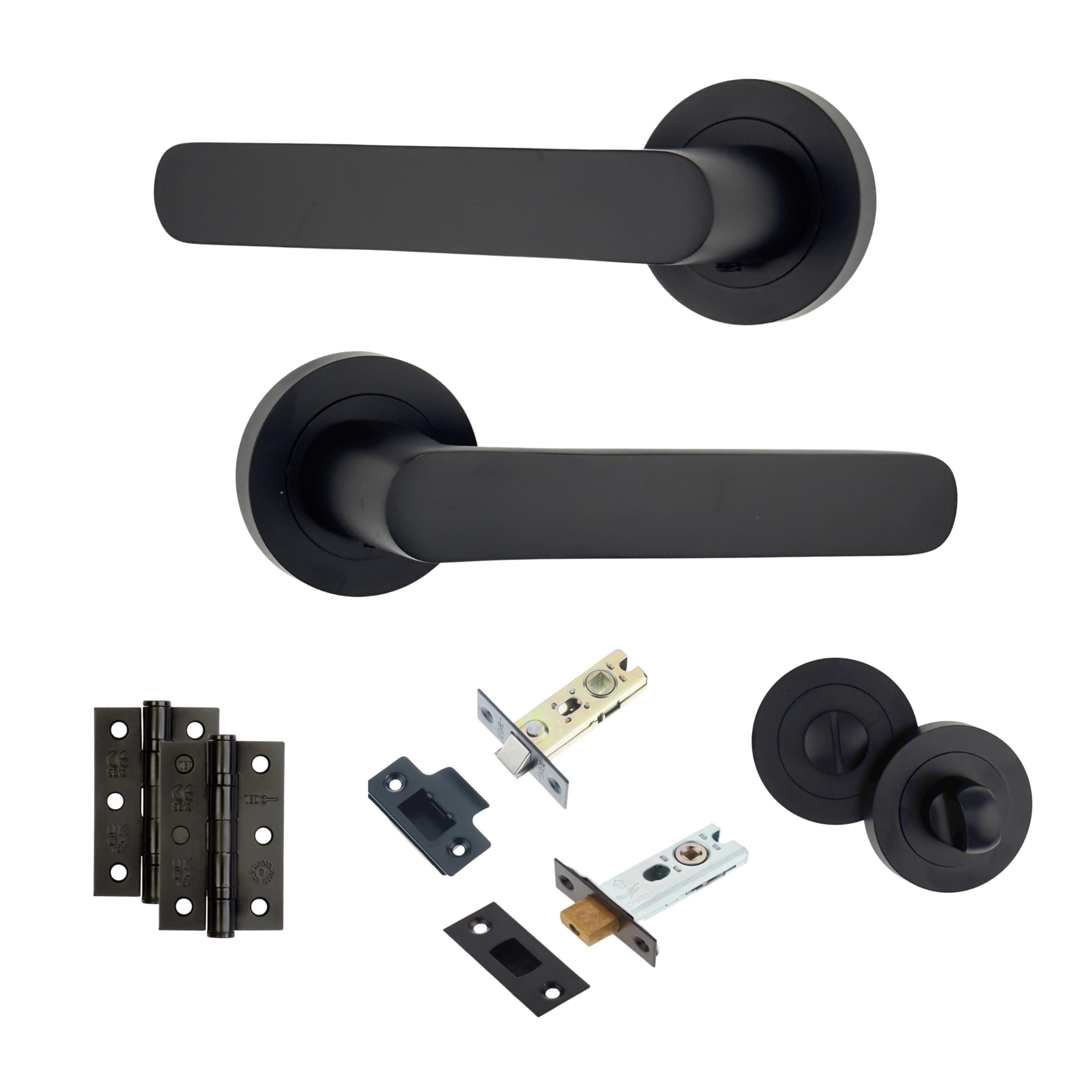 AXS Harlem Door Handle Pair on Rose – Internal Lever Handles with Sleek Bar Design – Latch & Bathroom Door Pack Options – Matt Black, Satin Brass, Antique Brass (Matt Black, Bathroom Door Pack)