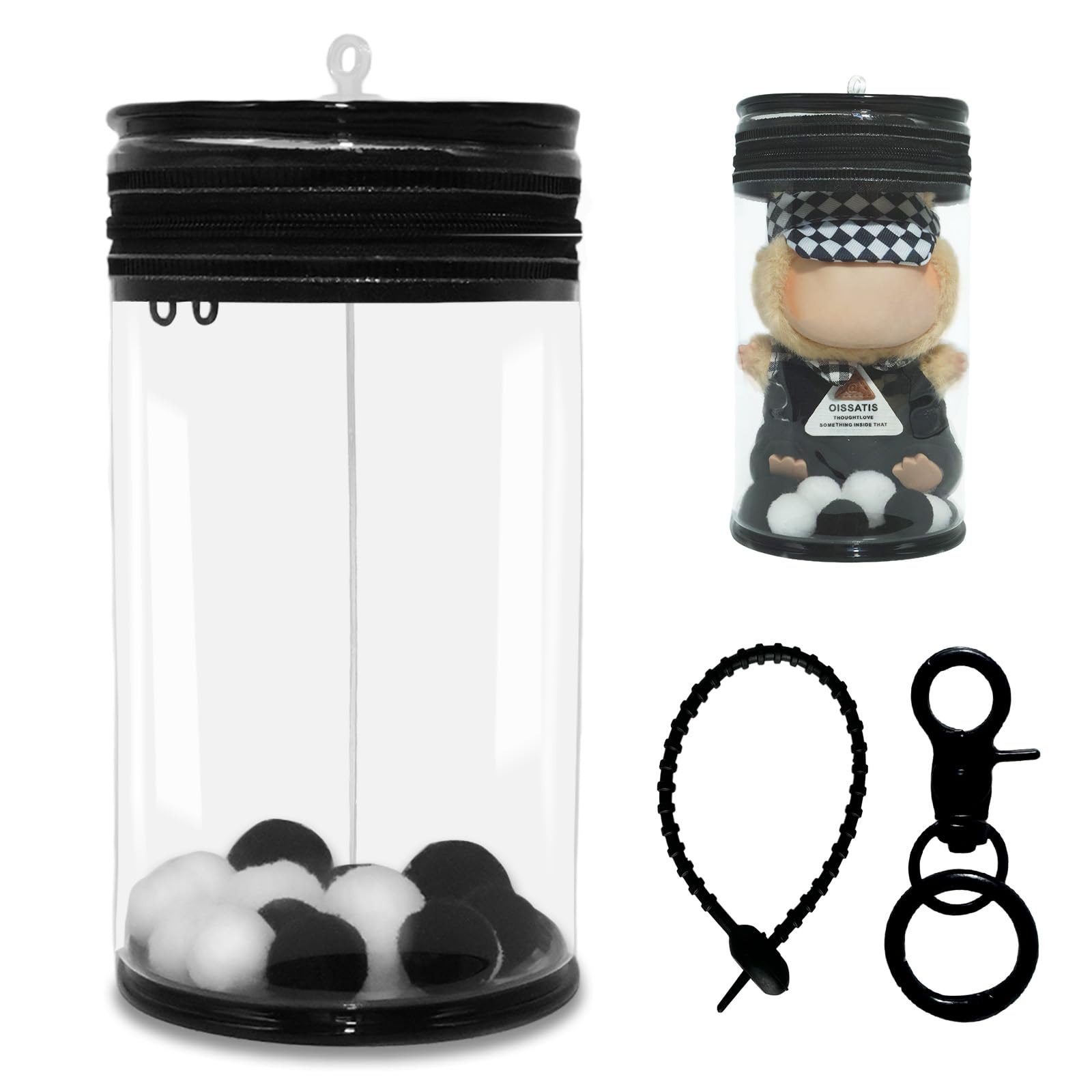 HiOKOU Protective Case for labubu Doll Display Bag with Keychain Accessories Dustproof Waterproof Doll Storage Zipper Case(Black)