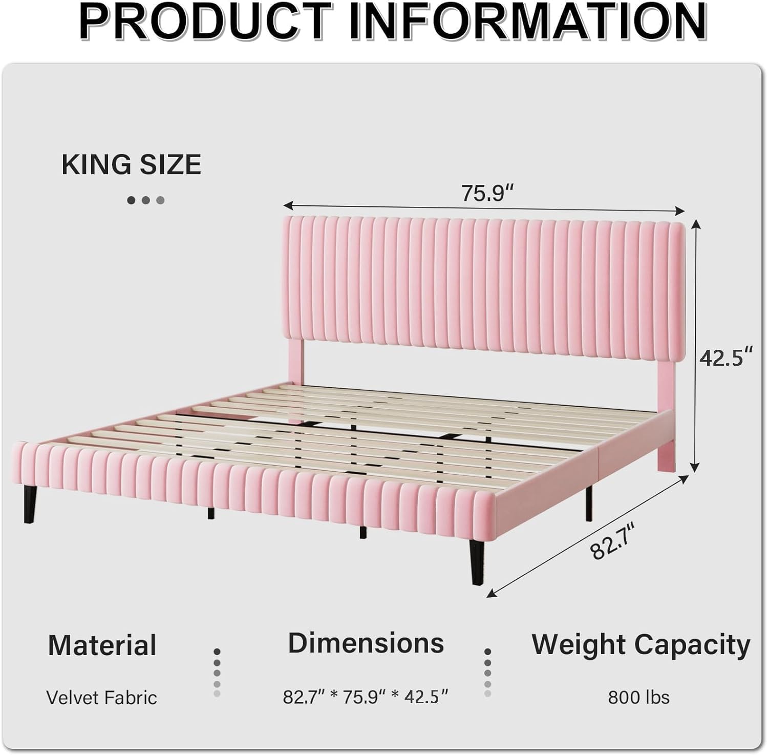 BarnFurin King Size Bed Frame with Adjustable Headboard, Velvet Upholstered Platform Bed with Vertical Channel Tufted Design, No Box Spring Required, Easy Assembly, Pink
