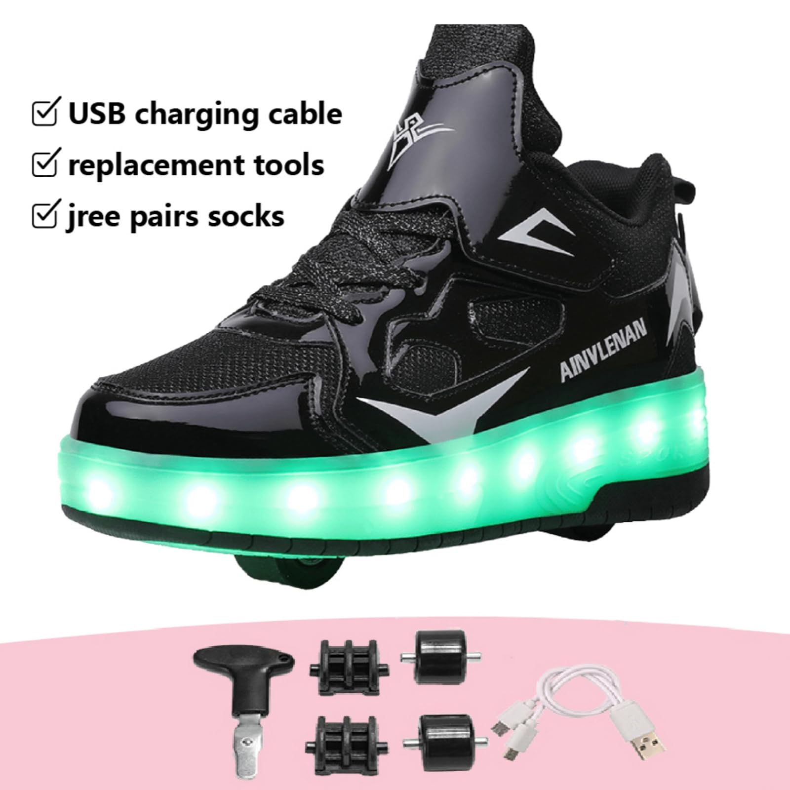 Zapatillas para niños, Zapatillas de Skateboard con Dos Ruedas, luz Ajustable con Cambio de Color, Carga USB, universales para Chicos y Chicas, Negro, Rosa, Oro, Plata, Blanco 27–40 EU.