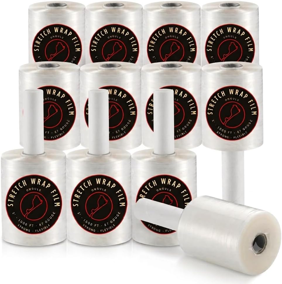 5 inch x 1000ft, 80 Gauge Heavy-Duty Stretch Film/Wrap - 500% Stretchable Stretch Wrap Film with Easy-to-Use Handle - Industrial Strength Wrap for Moving, Storing, Packing (1 Pack with Fixed Handle)
