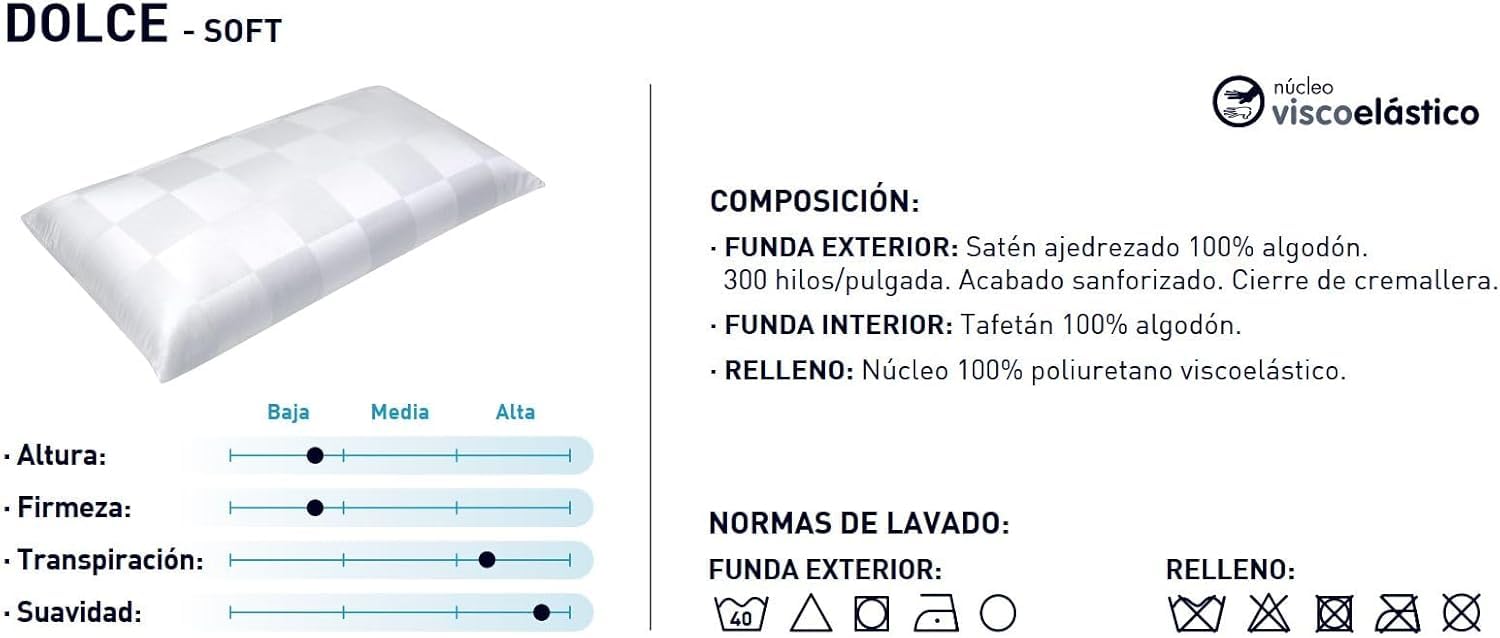 Moshy Almohada Viscoelástica Dolce, Funda de Satén 300 Hilos 100% Algodón, Suavidad Máxima, Firmeza Baja (75 cm)