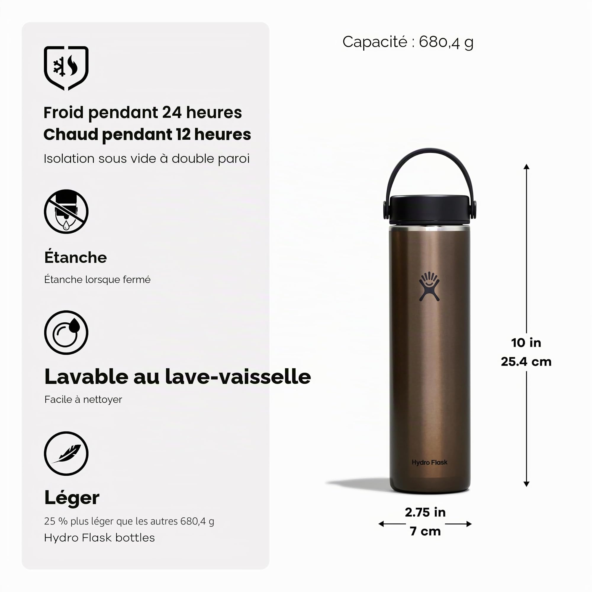 Hydro Flask - Bouteille d'eau légère de 710 ml Trail Series – Bouteille d'eau isotherme en acier inoxydable réutilisable avec bouchon flexible étanche – Large ouverture – Tourmaline
