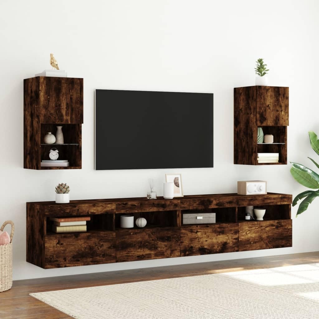 Szafki TV z LED 2 szt przydymiony dąb 30,5x30x60 cm meble RTV wiszące z oświetleniem RGB do salonu z przestrzenią do przechowywania
