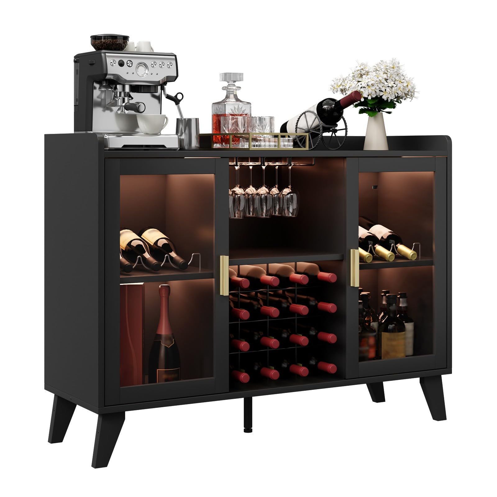 TrailBlaze Modern Industrial Black Bar Cabinet with LED Lighting – Freestanding Wine &amp; Liquor Storage Sideboard – Wine Racks, Glass Holders, Acrylic Doors, Drawer – Home Entertainment &amp; Dining Room