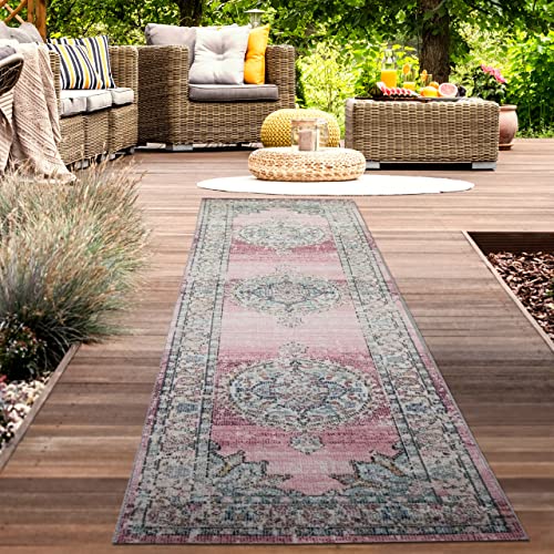 CARPETIA Teppich Outdoor Indoor Teppich Wohnzimmerteppich Ornamente in rosa Größe 80 x 300 cm
