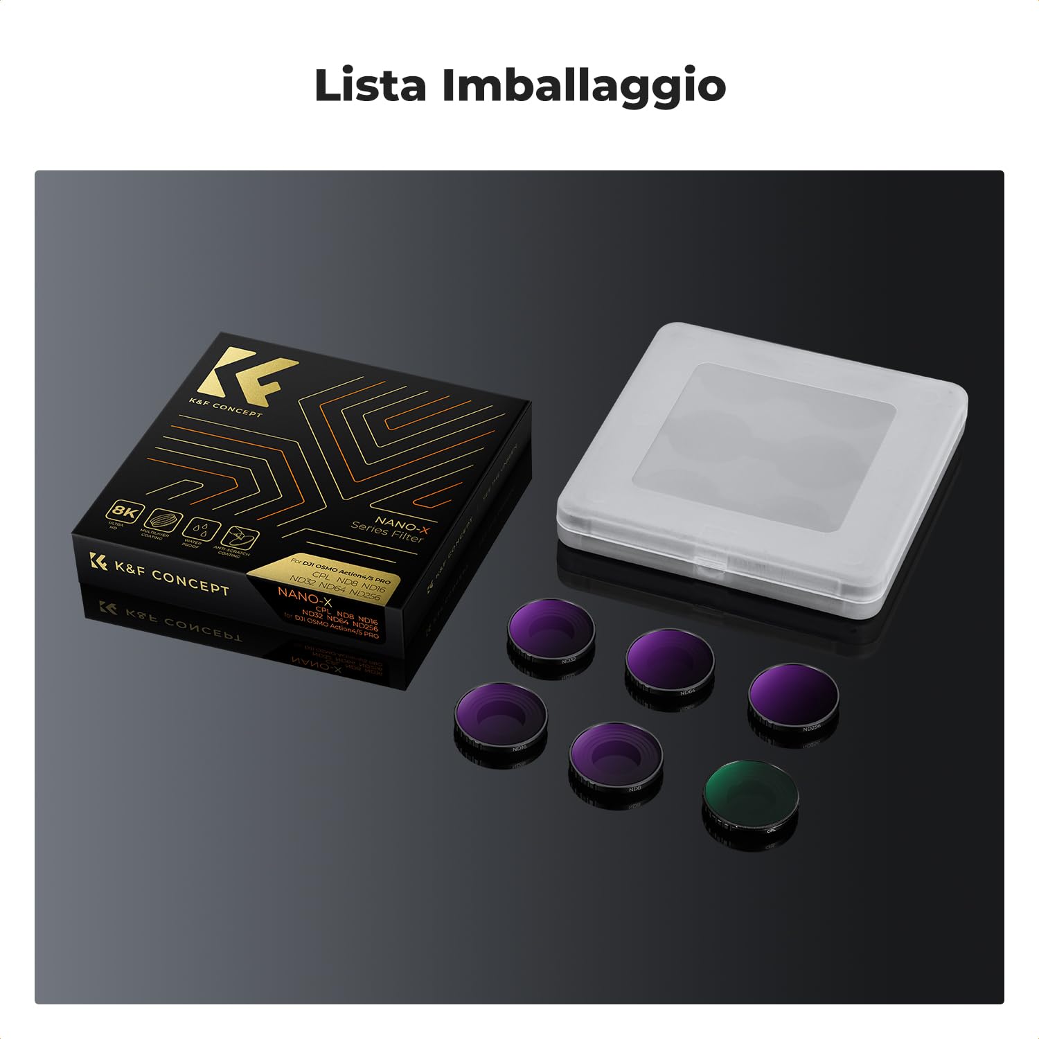 K&F CONCEPT Kit di 6 Filtri ND Compatibili con DJI Osmo Action 5 Pro/Action 4, Vetro Ottico HD Multiplo Strato CPL + ND8 + ND16 + ND32 + ND64 + ND256 Accessori per Action Camera a Densità Neutra