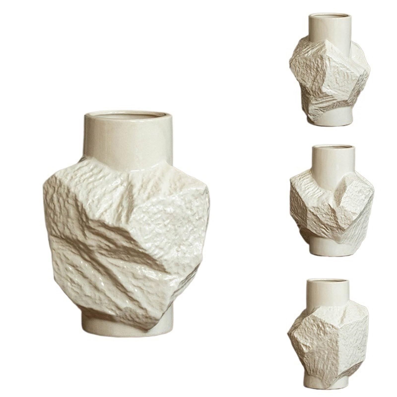 wazon z kwiatami Beżowy wazon ceramiczny z geometryczną rzeźbą o fakturze skały 25 cm
